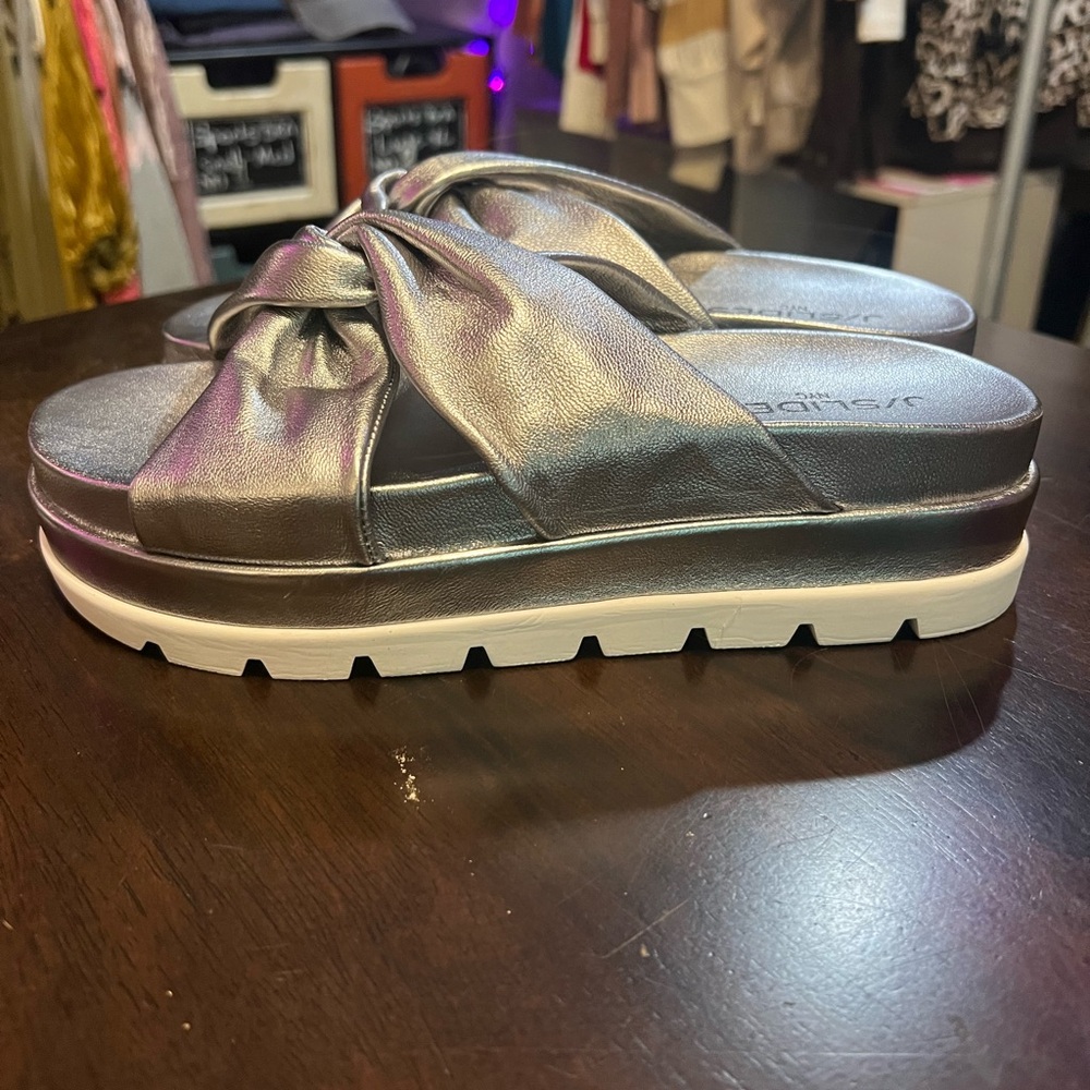 J Slides Metallic Platform Sandals